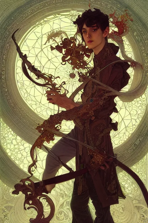 Prompt: thin young male bard, green long straight hair, fantasy, highly detailed, intricate, smooth, art by joseph leyendecker, peter mohrbacher, ruan jia, marc simonetti, ayami kojima, cedric peyravernay, alphonse mucha, victo ngai