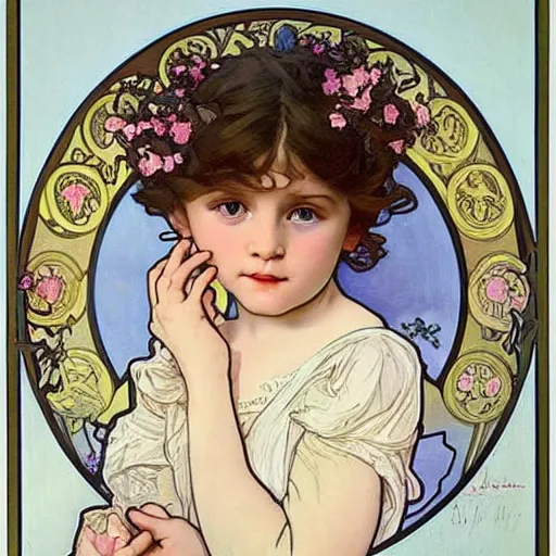 Prompt: art nouveau painting by Alphonse Mucha of a little girl with curly brown hair, blue eyes and a cute cherubic round face. She is framed by flowers. Soft, muted colors, dreamy aesthetic.