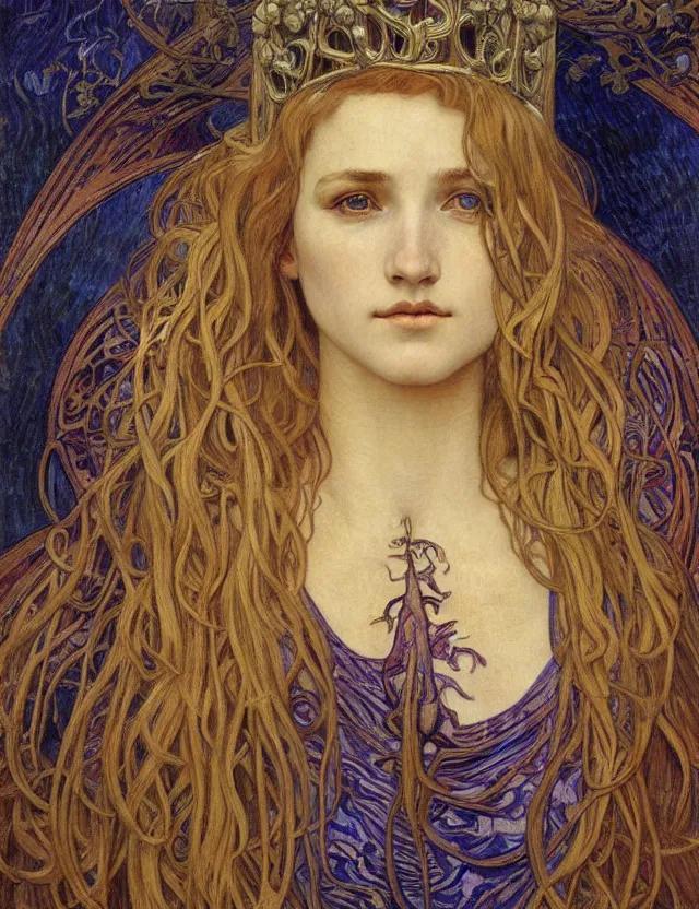 Image similar to detailed realistic beautiful young medieval queen face portrait by jean delville, alphonse mucha, vincent van gogh, and marco mazzoni, art nouveau, symbolist, visionary, gothic, pre - raphaelite