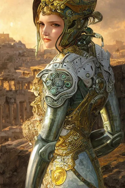 Image similar to portrait knights of Zodiac girl, metalic green and white reflected armor, in ruined Agora of Athens sunrise, ssci-fi, fantasy, intricate, very very beautiful, elegant, golden light, highly detailed, digital painting, artstation, concept art, smooth, sharp focus, illustration, art by tian zi and WLOP and alphonse mucha