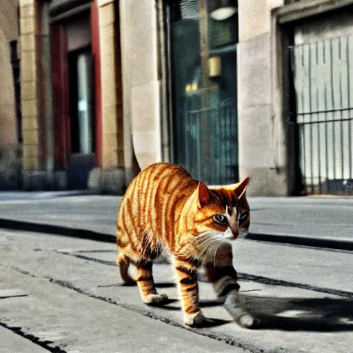 Prompt: cat walking through the streets of a city, photorealism