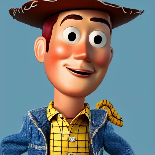 Prompt: Portrait of Woody from Toy Story as a real human, 85mm lens, Rembrandt lighting