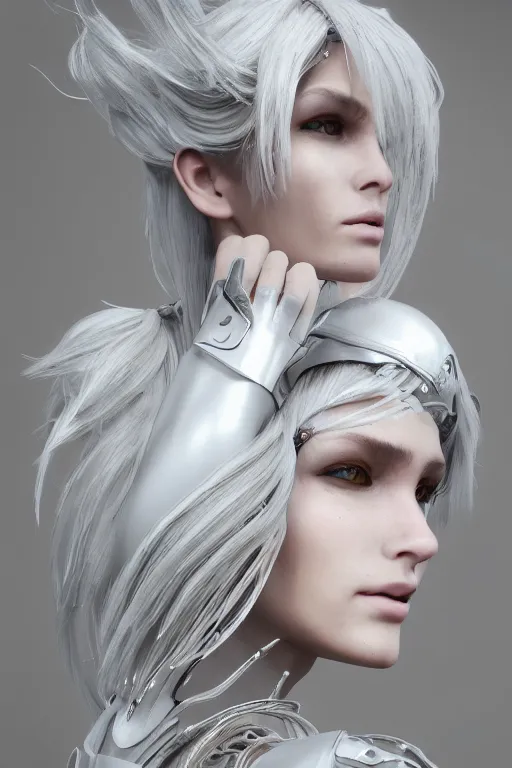 Image similar to white cyborg fashion shot, copper spiral hair decorations, white elegant baroque design, smooth heads, headshot half figure, photorealistic, 8k, hyper detailed, unreal engine, trending on artstation,