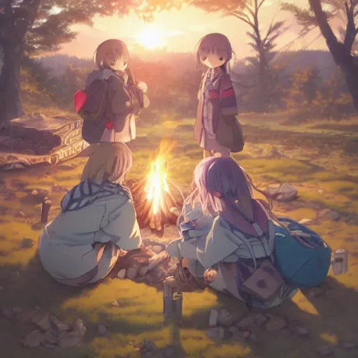 Prompt: anime yuru camp yama no susume cute girls around campfire trending on artstation hyperdetailed Unreal Engine 4k 8k ultra HD illustration digital pixiv concept art manga cover by Stanley Artgerm Lau, WLOP, Rossdraws, James Jean, Andrei Riabovitchev, Marc Simonetti, and Sakimichan