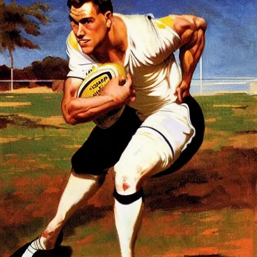 Image similar to handsome rugby player in a running pose, holding the rugby ball in his arm, full color painting by J.C. Leyendecker