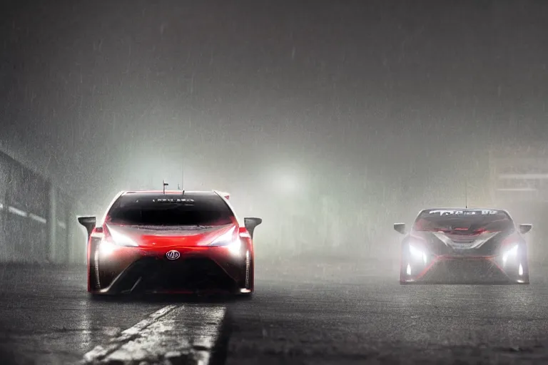 Prompt: Toyota Prius 2022. Toyota GT Le Mans car racing on dimly lit track overcast skies raining headlights illuminating track, volumetric lighting cinematic vray photo muted colors dark cinematic. front side view uncropped centered. artstation trending dramatic harsh lighting low exposure