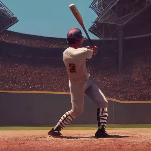 Image similar to baseball player hitting the ball with the baseball bat in the middle of the game and in front of everyone in the stadium, james gurney painting style, greg rutkowski, artstation, octane render, unreal engine 5