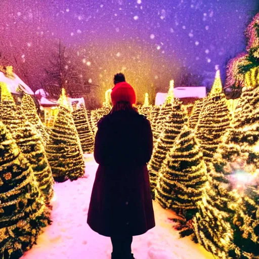 Prompt: a happy girl standing in front of a forest of hundreds of lit christmas trees, glints, multicolored lights on the trees, exotic glowing flowers on the ground, one house in the distance, snow on the ground, a snowy path towards the house, vibrant, by akihiko yoshida and edward hopper