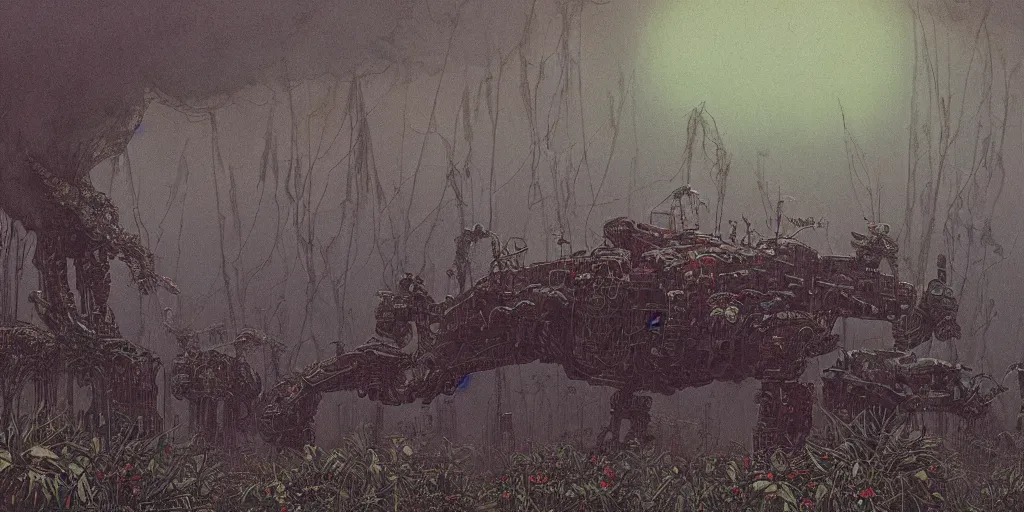 Prompt: grainy risograph matte painting of gigantic huge mech covered with wounds, black, a lot of exotic vegetation, trees, flowers, tall grass, pastel matte colors, staying in the foggy huge swamp covered with web and cotton and a lot of glow - worms, by moebius, intricate detailed