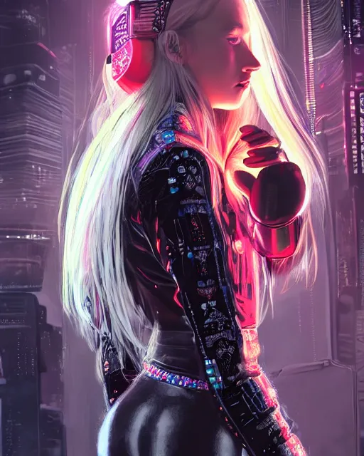 Image similar to detailed portrait neon guard girl with long straight blonde hair seen from the back, cyberpunk futuristic, reflective puffer jacket, black leggings, decorated with traditional ornaments in front of a dystopian crowd with piles of garbage, perfect face, fine details, realistic shaded, fine - face, pretty face by rossdraws