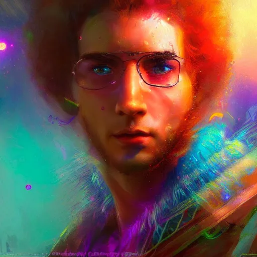 Image similar to a psychedelic young godlike humanoid, hyper detailed, in the style of greg rutkowski and ruan jia and bob ross and lisa frank, selfie