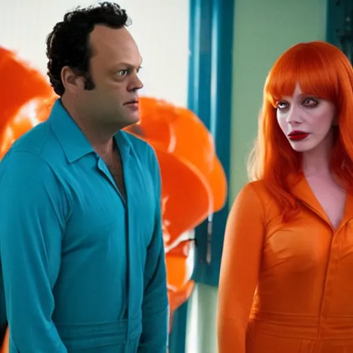 Prompt: vince vaughn as jack fenton, he is wearing orange coveralls bodysuit, and christina hendricks as maddie fenton, she is wearing a tight teal bodysuit, movie photo, spooky netflix still shot