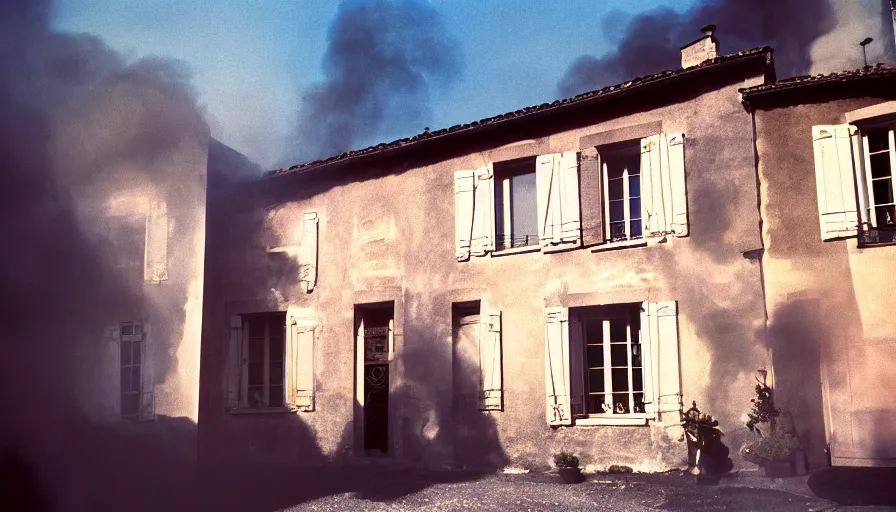 Image similar to 1 9 6 0 s movie still of a burning french style townhouse in a small french village, cinestill 8 0 0 t 3 5 mm technicolor, high quality, heavy grain, high detail, dramatic light, ultra wide lens, panoramic, anamorphic, flares