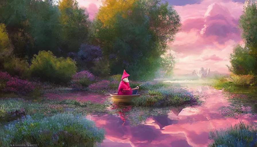 Prompt: a garden gnome sails across a pond in a bucket, dramatic pink clouds, blue sky, jessica rossier, art station