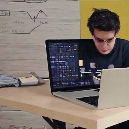 Prompt: a machine learning engineer working tirelessly on his laptop,jazza YouTube , art