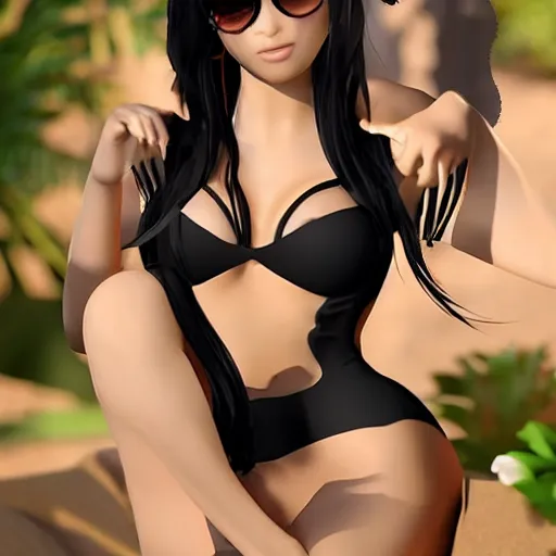 Prompt: black-haired beauty in 3D style , in a bikini , knee-length hair , 2K