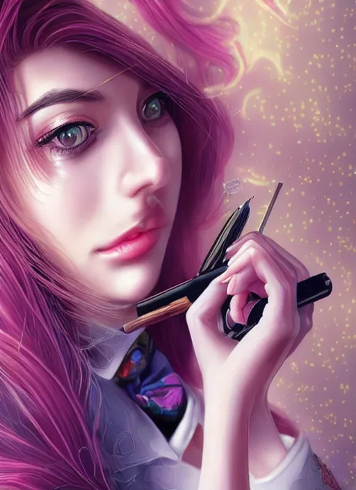 Image similar to beautiful, secretary woman, extremely detailed gorgeous face, looks realistic, hyper-detailed portrait, sad eyes tears, vaporwave aesthetic, synthwave, magical, fantasy, ninchaku , artist Artgerm i and WLOP