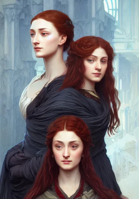 Image similar to portrait of sansa stark and arya, intricate, elegant, highly detailed, digital painting, artstation, concept art, smooth, sharp focus, illustration, art by artgerm and greg rutkowski and alphonse mucha and william - adolphe bouguereau