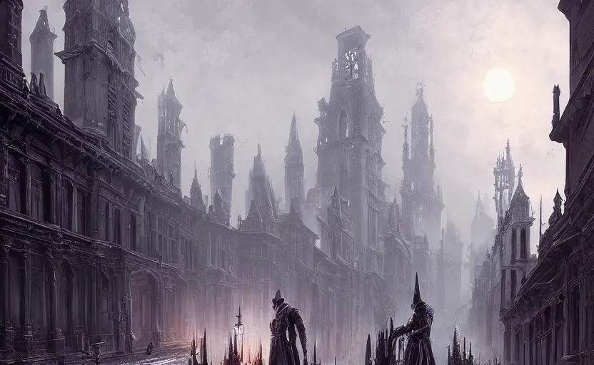 Image similar to Victorian city streets night, bloodborne, Raphael Lacoste