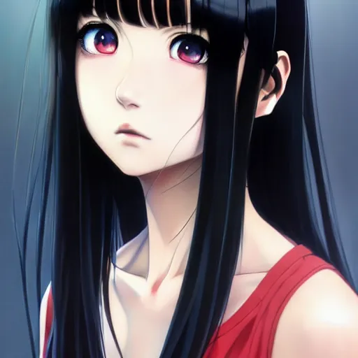 Image similar to portrait Anime girl, cute-fine-face, long black-hair and bangs, pretty face, red eyes, realistic shaded Perfect face, fine details, anime, realistic shaded lighting by Ilya Kuvshinov katsuhiro otomo ghost-in-the-shell, magali villeneuve, artgerm, rutkowski, WLOP, Jeremy Lipkin and Giuseppe Dangelico Pino and Michael, Garmash and Rob Rey