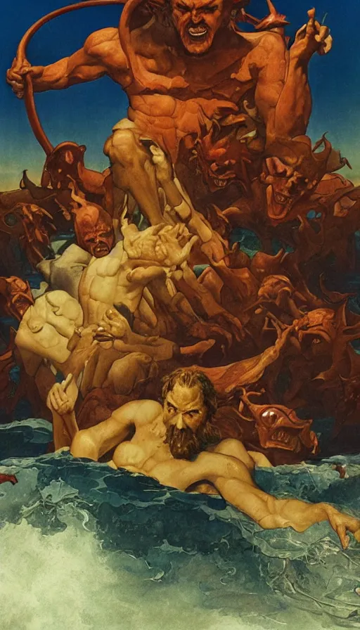 Image similar to man on boat crossing a body of water in hell with creatures in the water, sea of souls, by thomas blackshear