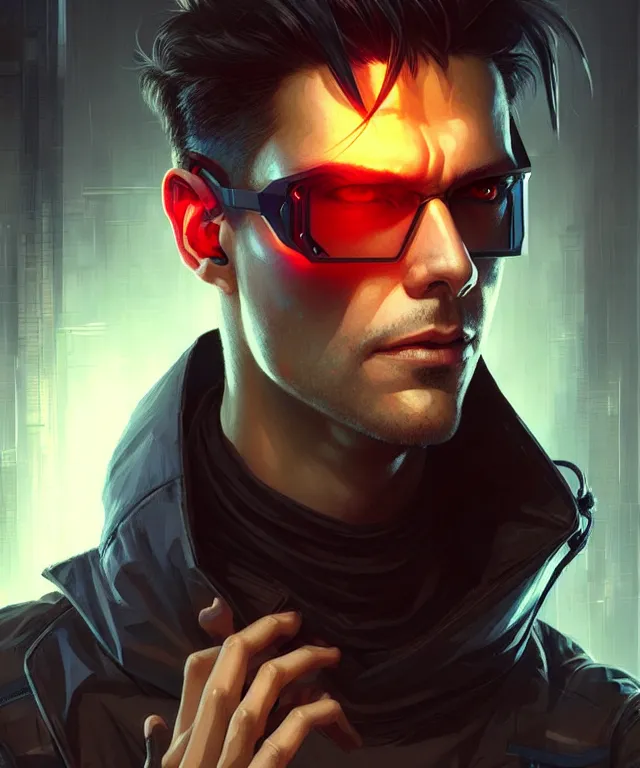 Image similar to Hacker cyberpunk man portrait, highly detailed, digital painting, artstation, concept art, smooth, sharp focus, illustration, art by artgerm and greg rutkowski and alphonse mucha