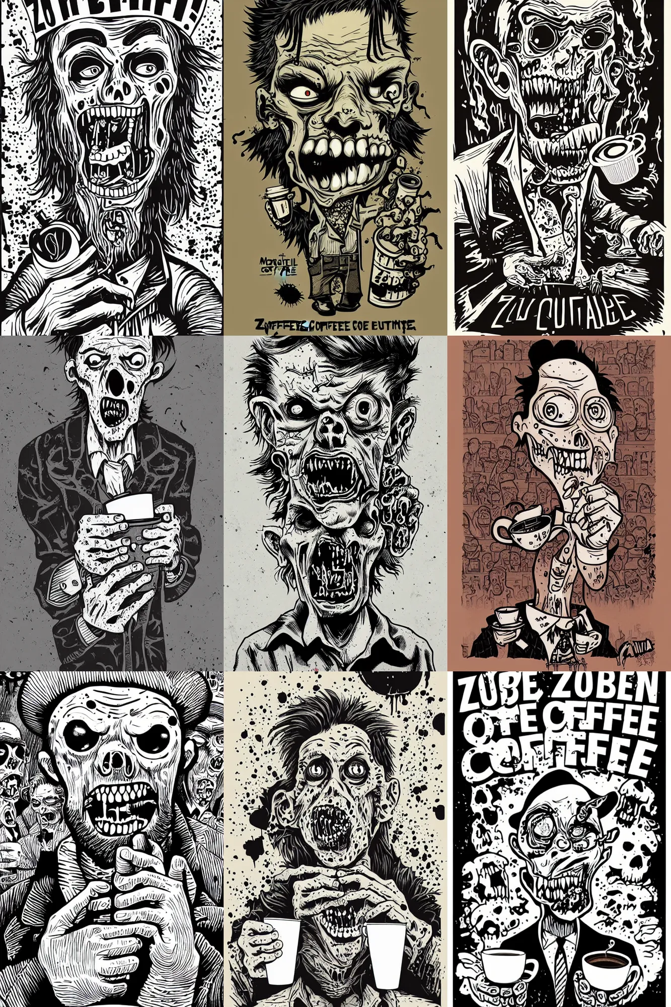 Prompt: zombie not enjoying coffee, upset the coffee does not work , portrait by mcbess, full colour print