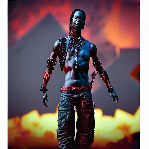 Image similar to “ travis scott action figure concept art, chest cam perspective, actually good ”