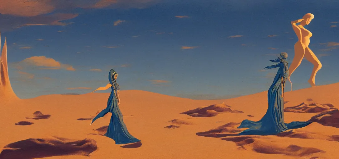 Prompt: a golden salt flat surrounded by dunes with a ruined statue of a woman emerging from the blue sand, illustrated, epic composistion, surreal flat colors, concept art