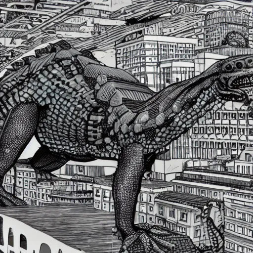 Prompt: huge mechanical reptilian destroying a city