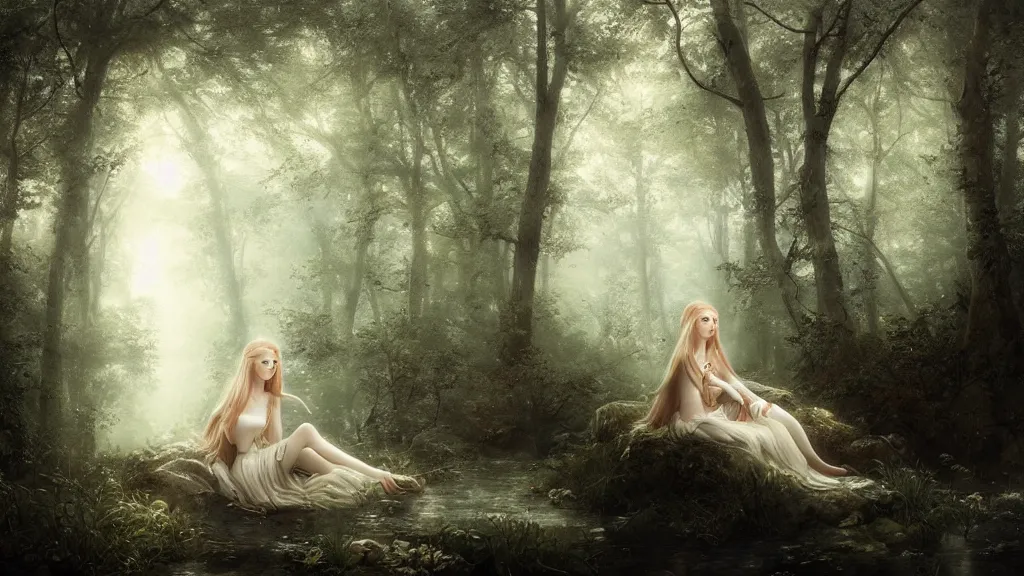 Image similar to elven princess sitting alone, far away, in the melancholy forest. andreas achenbach, artgerm, mikko lagerstedt, zack snyder, tokujin yoshioka