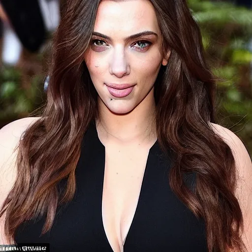 Image similar to a woman who is a genetic combination of kim kardashian and kat dennings and scarlett johansson and margot robbie and emma watson, face and upper - body focus, detailed eyes