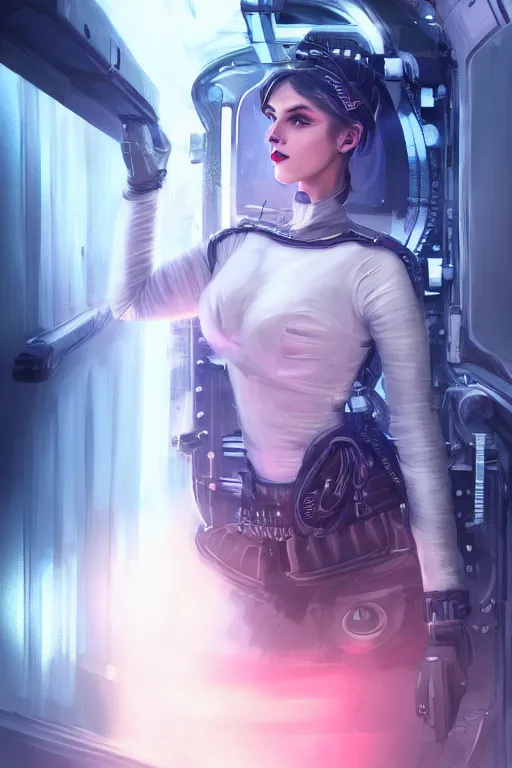 Image similar to portrait futuristic beautiful and eivl and gothic and elite army navy girl, at inside of a future submarine, ssci-fi, fantasy, intricate, very very beautiful, elegant, neon light, highly detailed, digital painting, artstation, concept art, soft light, hdri, huaman anatomy, smooth, sharp focus, illustration, art by tian zi and craig mullins and WLOP and alphonse mucha