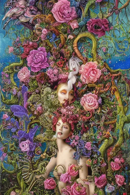 Prompt: eventually even those who avoided the world were drawn into its madness. gothic, rich deep pink, blue and green colours, creepy, exotic florals, mystical, highly detailed and intricate, painted by todd schorr and daniel merriam. 8 k masterpiece