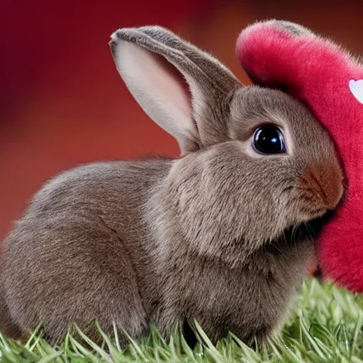 Image similar to an adorable crimson bunny creature with heart patters on its fur