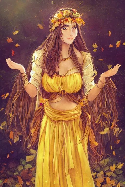 Image similar to The goddess of autumn harvest, tranquility, beautiful face, long hair, wearing wheat yellow gauze skirt, by wlop