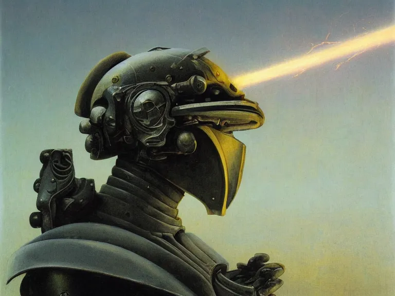 Image similar to a detailed profile painting of a bounty hunter in armour and visor, cinematic sci-fi poster. Cloth and metal. Welding, fire, flames, samurai Flight suit, anatomy portrait symmetrical and science fiction theme with lightning, aurora lighting clouds and stars. Clean and minimal design by beksinski carl spitzweg giger and tuomas korpi. baroque elements. baroque element. intricate artwork by caravaggio. Oil painting. Trending on artstation. 8k