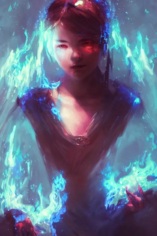 Image similar to a fancy portrait of a young Demon girl covered in blue flames by Greg Rutkowski, Sung Choi, Mitchell Mohrhauser, Maciej Kuciara, Johnson Ting, Maxim Verehin, Peter Konig, final fantasy , 8k photorealistic, cinematic lighting, HD, high details, atmospheric , trending on artstation