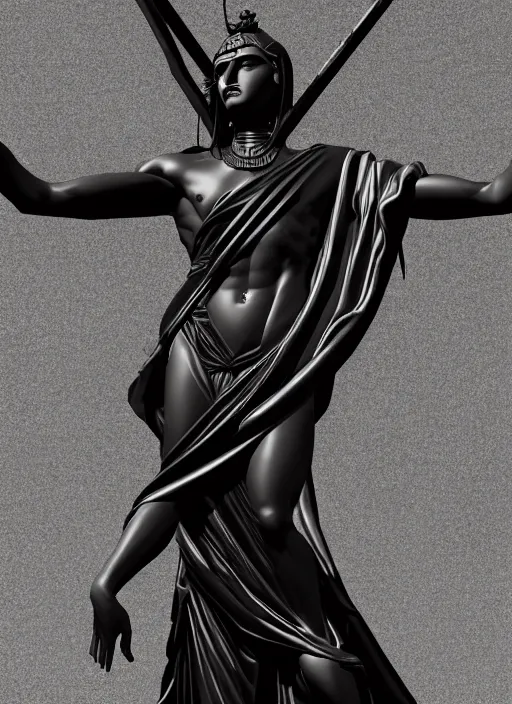 Prompt: stylized onyx black gold lines dark severe lighting ornate statue full body made of marble of judas, perfect symmetrical body, perfect symmetrical face, hyper realistic, hyper detailed, by johannen voss, by michelangelo, octane render, blender, 8 k, displayed in pitch black studio room art deco