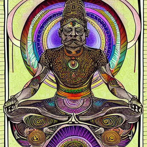 Image similar to colored pencil hatching bold lines sketch of a meditating yogi with ornate sacred geometry linework in the background, album cover hd