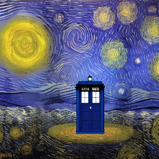 Prompt: tardis from doctor who exploding in the middle of the universe, matte painting, by van gogh