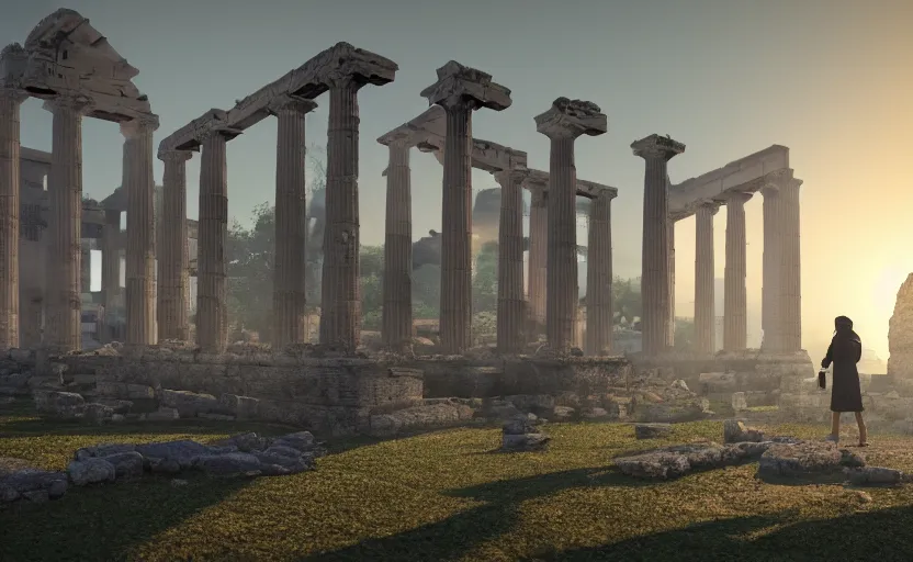 Prompt: a 3 d render of a person standing in the ruins of an ancient city in the morning mist, greek and roman ruins, bokeh, canon 5 0 mm, cinematic lighting, volumetric light, octane, octane render, redshift render, golden hour, pompeii