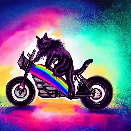 Image similar to wide angle full body, jacket wearing fluffy cute rainbow kitten wearing a black leather motorcycle jacket, riding on a motorcycle, cinematic concept art