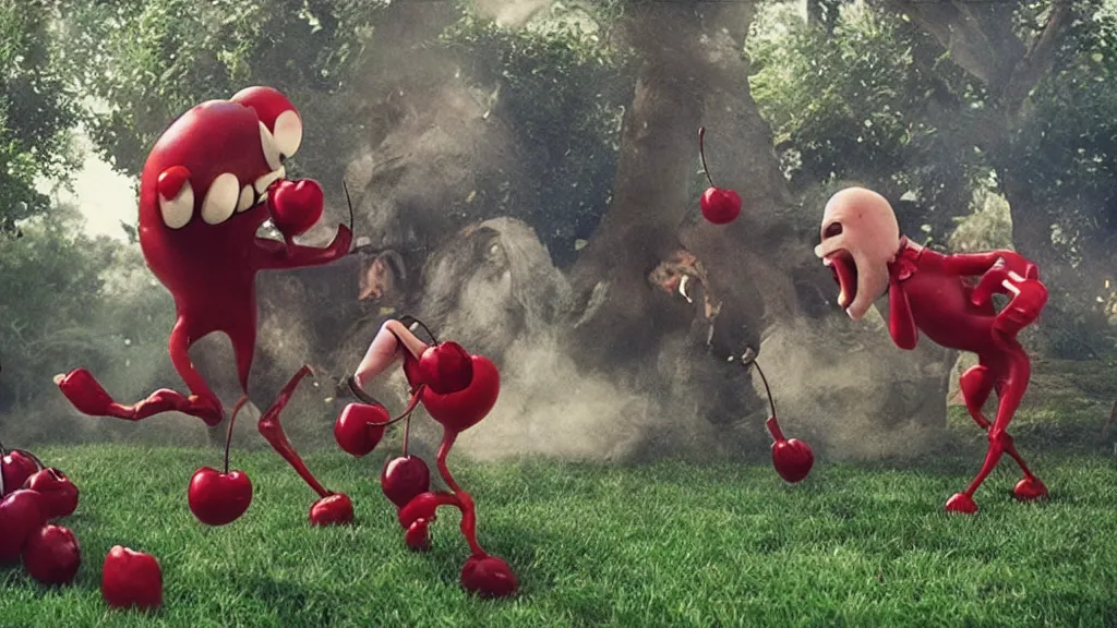 Image similar to anthropomorphic cherries fighting in a backyard, film still from the movie directed by Denis Villeneuve with art direction by Salvador Dalí, wide lens