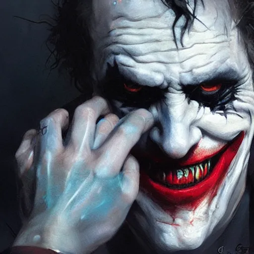 Image similar to joker, crazy face, facepalm, paint by greg rutkowski