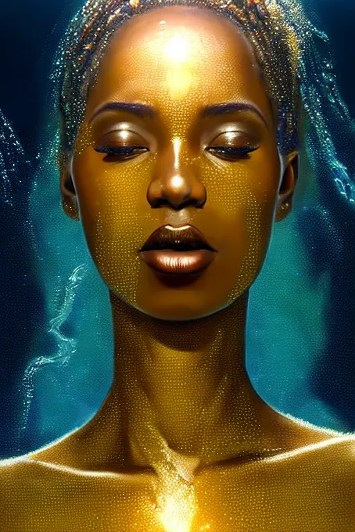 Image similar to hyperrealistic precisionist cinematic half underwater scene very expressive! translucent elegant african goddess full body, gold jewerly, highly detailed face, digital art masterpiece, aykut aydogdu eric zener, dramatic volumetric light, long shot, low angle uhd 8 k, sharp focus