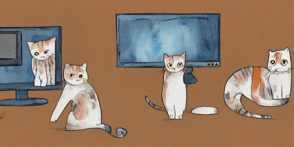 Image similar to watercolor illustration style, cute! cats watch the news on computer monitor