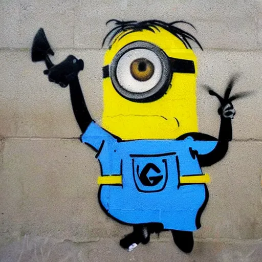 Prompt: Banksy graffiti of a minion,