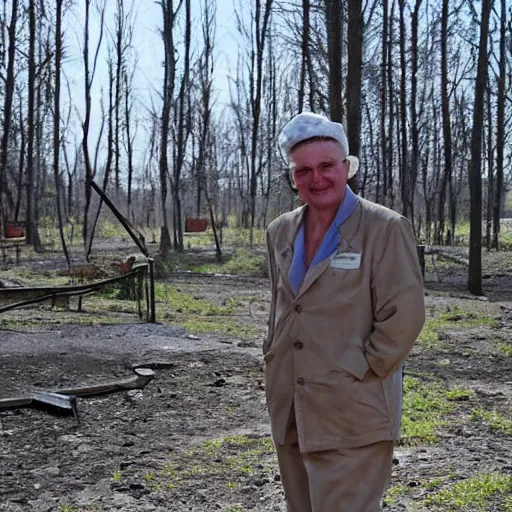 Prompt: a cheery man, on holiday at chernobyl, glowing background