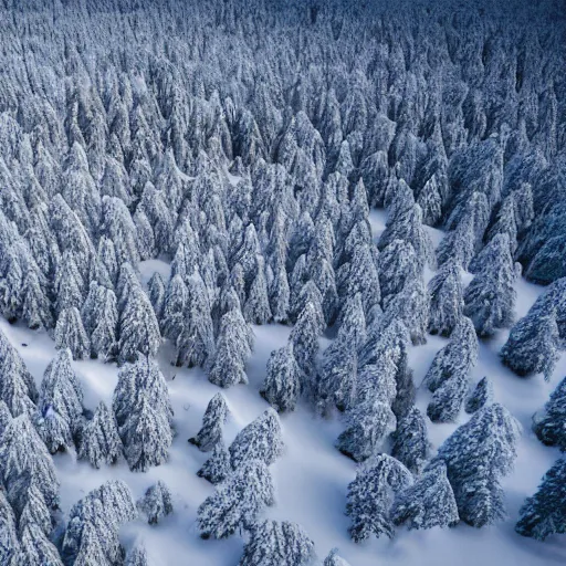 Image similar to sattelite image of post pocaliptic snow from 250 meters height, only snow, small frozen trees covered with ice and snow, old lumber mill remains, beautiful winter area